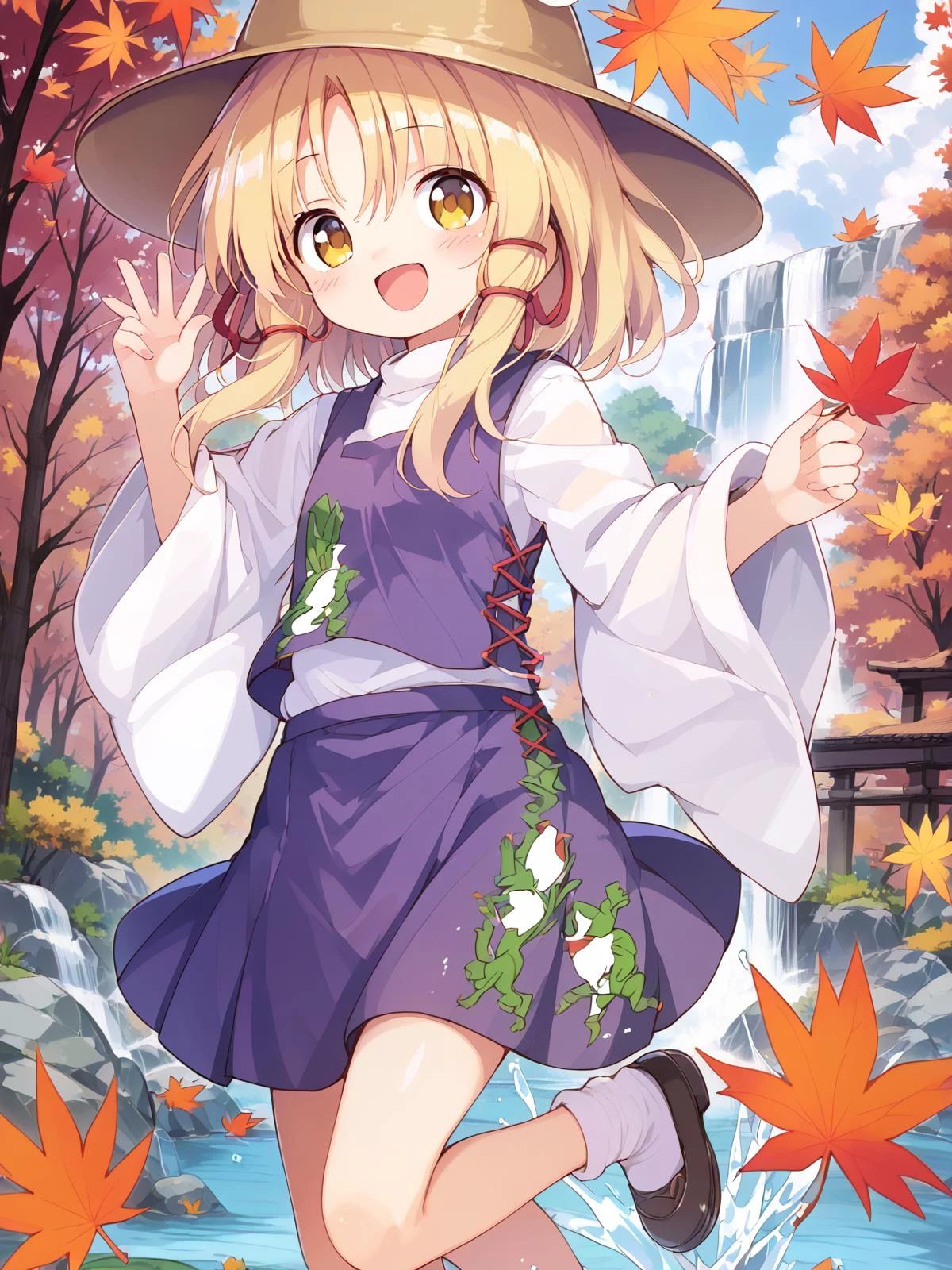 score_9, score_8_up, score_7_up,source_anime, best quality, masterpiece, BREAK
 suwako,moriya suwako,blonde_hair, hat, ribbon, hair_ribbon, vest, [lover's:friendly:0.4] smile, (yellow_eyes),kawaii eyes, bangs, red_ribbon, brown_headwear, purple_vest, sidelocks, short_hair,
1girl,solo, skinny, aba, full body ,midget,small life size,ultra kawaii eyes,dhildish,
BREAK
<lora:suwako.pony:1> 
mhy,aba ,
official wallpaper, 8k detailed wall paper,ultra detaile,
Autumn in Japan,Expansive Japanese shrine, sprawling sacred grounds, vibrant autumn leaves swirling, spirited young girl around , laughing and skipping, bright kimono fluttering, chasing fluttering butterflies, golden sunlight filtering through ancient trees, magical, lively scene,
Splashing and playing,Big waterfall behind,Running on the lake,Trees dyed red with autumn leaves,autumn leaves,
li,klg,nto,aro,zun,ayb,zri,uum,(uun),ayb,uum,zri,zun,hij,qhy,
lover's face,joyful eyes, delighted gaze,joyful expression, innocent smile, carefree posture, bubbly personality, radiant face, playful ambiance, heartwarming vibe, vibrant colors, laughter-filled,peaceful expression,  soft smile,flowing hair, gentle breeze, cozy ambiance, content smile effortlessly,genuine laughter warmly,ecstatic joyful expression,vibrant laughing eyes,overwhelmingly joyful mood,watercolor,
BREAK
official art, baku_p  ,
<lora:baku_p-000001:0.03> <lora:baku_p-000005:0.12> <lora:baku_p-000003:0.24> <lora:baku_p-000020:0.25> <lora:baku_p:0.25>
<lora:cedar-lyco-pony:0.08> <lora:Shuz-v3-PDXL:0.04>