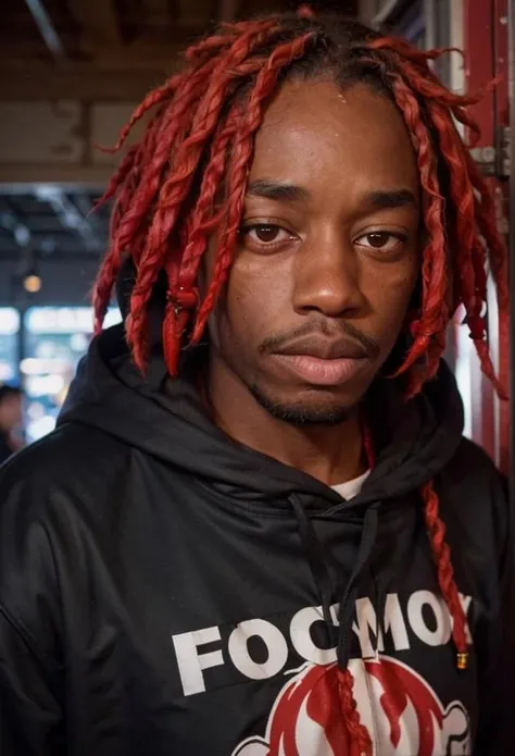 1boy, black eyes, red hair, dreadlocks, blurry, dark skin, dark-skinned male, facial hair, front hair, good lighting, hoodie, koumo, male focus, realistic, red hair, shirt, solo, upper body, <lora:koumo:0.55>