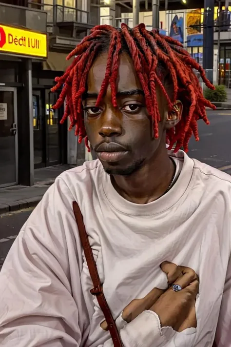 1boy, solo, koumo, dark skin, shirt, solo, portrait, red hair, street, detailled <lora:koumo:0.75>