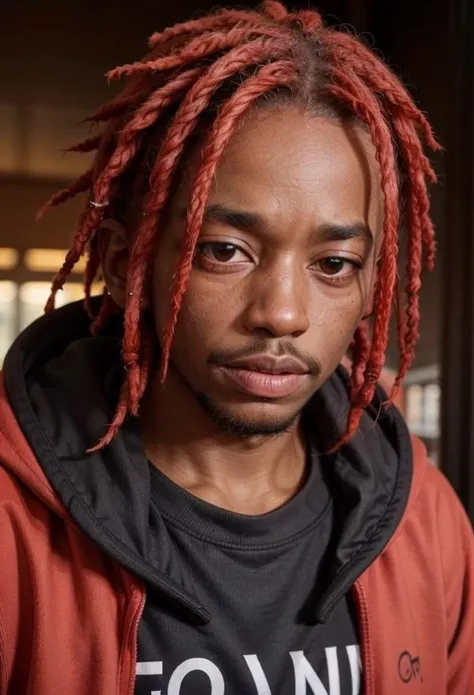 1boy, black eyes, red hair, dreadlocks, blurry, dark skin, dark-skinned male, facial hair, front hair, good lighting, hoodie, koumo, male focus, realistic, red hair, shirt, solo, upper body, <lora:koumo:0.5>