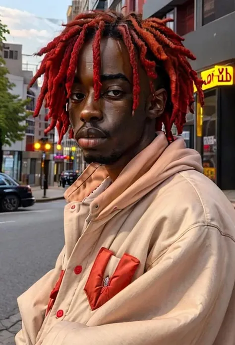 koumo, dark skin, solo, portrait, realistic, red hair, instagram photo, street, detailled <lora:koumo:0.7>