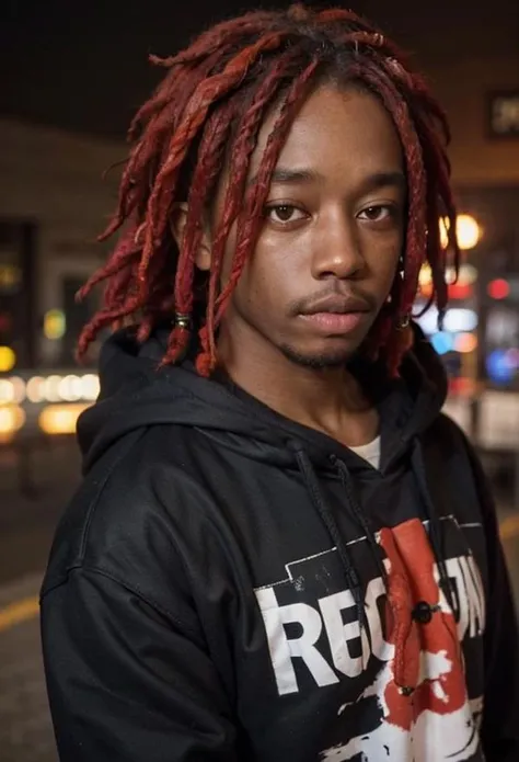 1boy, black eyes, red hair, dreadlocks, blurry, dark skin, dark-skinned male, facial hair, front hair, good lighting, hoodie, koumo, male focus, realistic, red hair, shirt, solo, upper body, <lora:koumo:0.5>