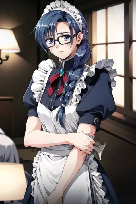 8k,(masterpiece:1.4)(best quality:1.4),(top quality), 1girl,shirakawa_kosuzu,glasses,braid, maid_headdress, hotel,hotel luxury wall lamp, night, window , indoors, looking at viewer, solo focus,standing,(shiny skin), <lora:kosuzu:0.7>