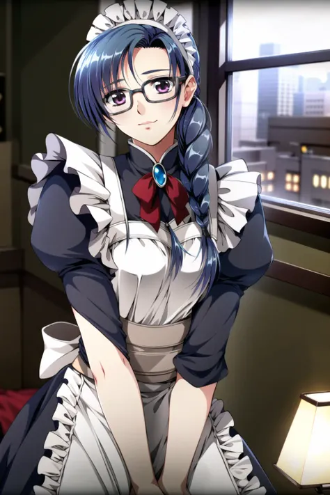 8k,(masterpiece:1.4)(best quality:1.4),(top quality), 1girl,shirakawa_kosuzu,glasses,braid, maid_headdress, hotel,hotel luxury wall lamp, night, window ,  indoors,  looking at viewer, solo focus,standing,(shiny skin),   <lora:kosuzu:0.8>