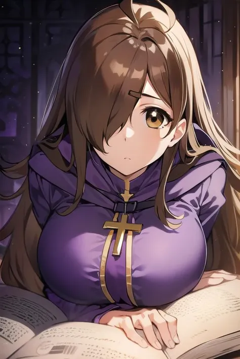 ((Tabletop, Highest quality, High resolution, , Pixel Perfect, 4K,))), 1 female, 、The whole body is visible、 ((Long Wavy Hair, bangs, Brown Hair)), ((Brown eyes, Beautiful eyelashes, Realistic eyes)), ((Detailed face, Blushing:1.2)), ((Smooth texture:0.75, Realistic texture:0.65, Realistic:1.1, Anime CG Style)), Medium sized breasts, Dynamic Angle, Perfect body, (( , , Beautiful Priest、、 Priest off-shoulder jacket、Priest Flare Skirt、、)), Gold Hair Ornament、Cross Necklace、、Very embarrassing panic smile, 、Gorgeous church basilica、Church Bed、Lying in bed、、Hold a big Bible、、Nipples are slightly visible、、Lace panties are visible、、、、、 、Angle from below)、