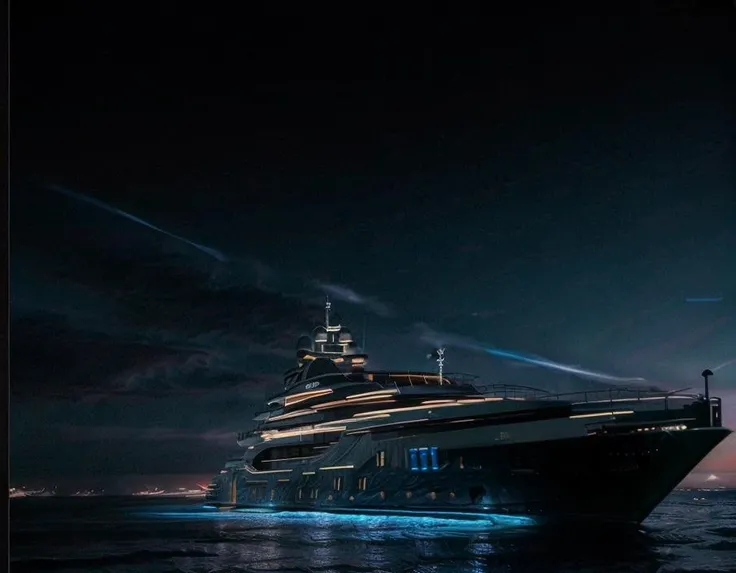 <lora:Yacht:0.9> , Yacht , sea , night sky , black , very high quality , light in the sea