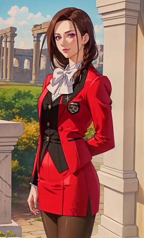 (masterpiece, realistic:1.3), (extremely intricate:1.2), (photorealistic:1.4), (extremely delicate), (ultra realistic:1.3), (arrogant_face, side_braid, random angle, random view), hyperrealistic photography, extremely detailed CG unity 8k wallpaper, UHD, HDR, RAW photo, dslr, realistic LUT, cinematic LUT,
<lora:ostris_detailSlider_v40:1>, <lora:ostris_HDhelper_v10:0.1>,
<lora:enigmata_gTaste_maiKannazuki_v10:1>, MaiKannazuki, mature female, brown hair, straight hair, (single sidelock:1.2), brown eyes, red blazer, bowtie, puffy long sleeves, red miniskirt, grey pantyhose, panties under pantyhose, red high heels,
CC_closeup_photo_background,
