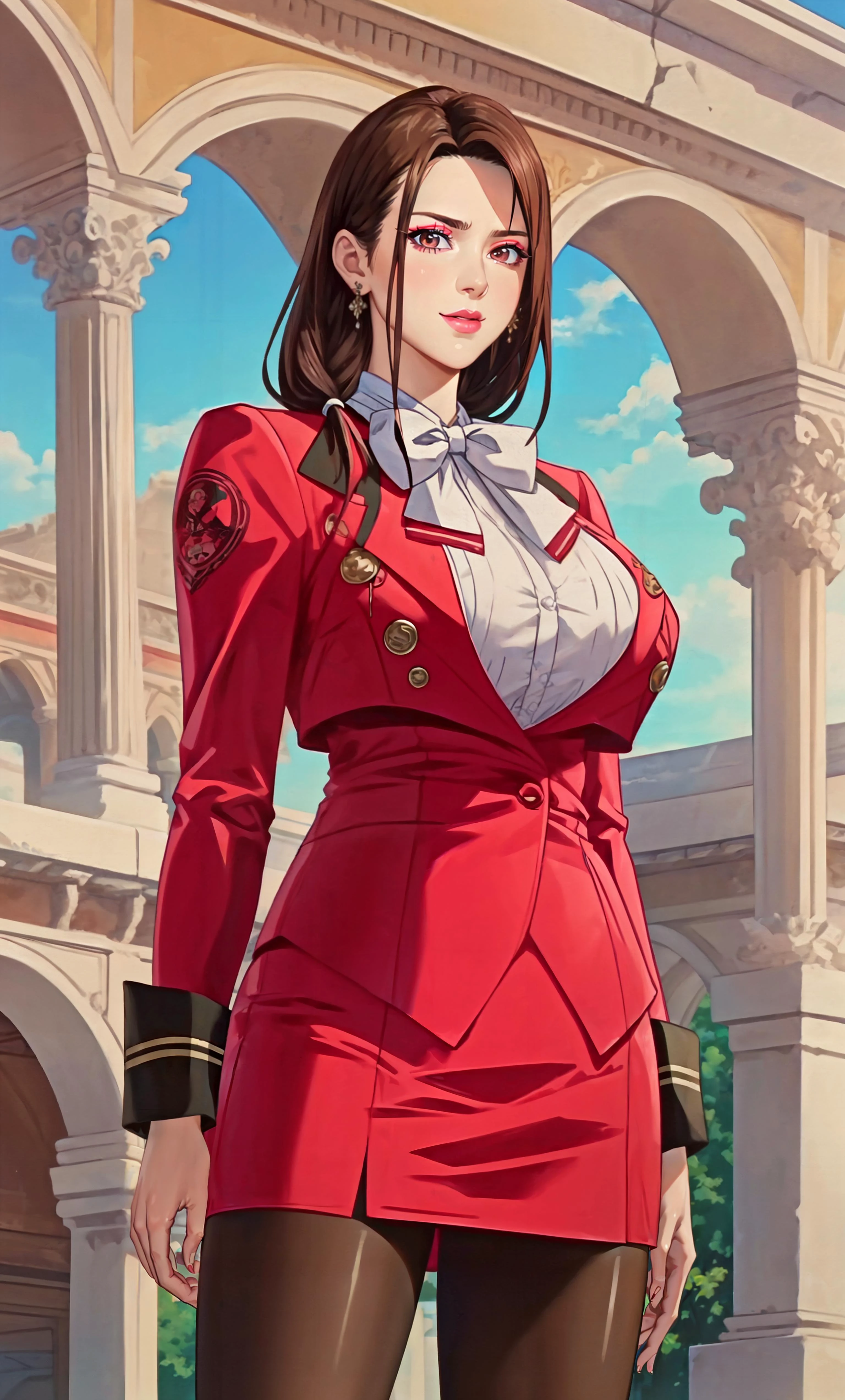 (masterpiece, realistic:1.3), (extremely intricate:1.2), (photorealistic:1.4), (extremely delicate), (ultra realistic:1.3), (arrogant_face, side_braid, random angle, random view), hyperrealistic photography, extremely detailed CG unity 8k wallpaper, UHD, HDR, RAW photo, dslr, realistic LUT, cinematic LUT,
<lora:ostris_HDhelper_v10:0.1>, <lora:ostris_detailSlider_v40:2>, <lora:envy_betterhands_beta2:1.2>, (pale skin, detailed skin:1.3, Glossy skin + Shiny skin:1.1), exquisite earrings, gigantic breasts, skinny body, fit body, slim, narrow waist, slim legs, long legs,
official art of MaiKannazuki, upper body portrait, from below, from front, straight to camera, <lora:enigmata_gTaste_maiKannazuki_v10:1>, mature female, brown hair, straight hair, (single sidelock:1.2), brown eyes, red blazer, bowtie, puffy long sleeves, red miniskirt, grey pantyhose, panties under pantyhose, red high heels,
CC_closeup_photo_background,