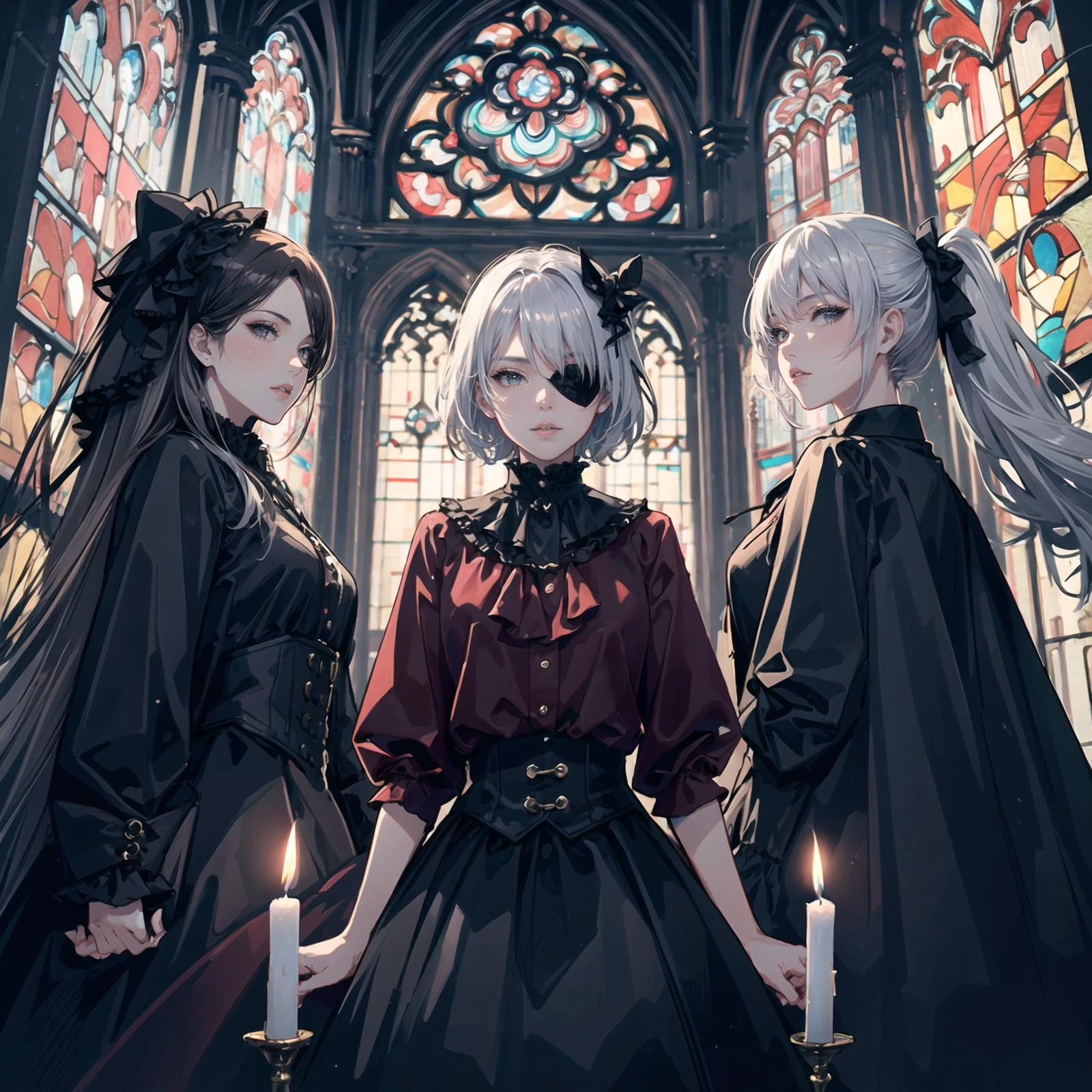 masterpiece, high resolution, detailed, masterpiece, (beautiful background, detailed background), top quality, 8k, (detailed and structured pattern), Korean wave, in the dark, in a compositing inspired style , raw, edgy, Fashionable, (3 girls, multiple girls, :1.5) <lora:AS_fantsyMIX73A:1>, (Skinny: 1.2), wearing an eyepatch,, Silver hair,wearing a red shirt with frills, long puffy sleeves, and a black skirt, gothout, Looking at camera, Detailed background, Detailed face, party,church, sunbeam,candle light, natural gradation,cathedral stained glass, backlit,gothic atmosphere
Contrast, mysterious atmosphere, (lips, realistic:1.1) ,<lora:tareme_gen2:-0.7>, (stinky eyes:0.5), <lora:eye_opening_v2.0:0.3>, fantasy, (full body,:0.7), <lora:Gothic_Outfit:0.6>