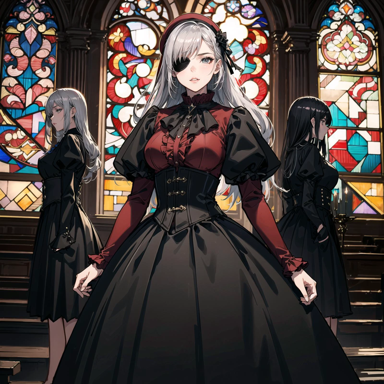 masterpiece, high resolution, detailed, masterpiece, (beautiful background, detailed background), top quality, 8k, (detailed and structured pattern), Korean wave, in the dark, in a compositing inspired style , raw, edgy, Fashionable, (3 girls, multiple girls, :1.5) <lora:AS_fantsyMIX73A:1>, (Skinny: 1.2), wearing an eyepatch,, Silver hair,wearing a red shirt with frills, long puffy sleeves, and a black skirt, gothout, Looking at camera, Detailed background, Detailed face, party,church, sunbeam,candle light, natural gradation,cathedral stained glass, backlit,gothic atmosphere
Contrast, mysterious atmosphere, (lips, realistic:1.1) ,<lora:tareme_gen2:-0.7>, (stinky eyes:0.5), <lora:eye_opening_v2.0:0.3>, fantasy, (full body,:0.7), <lora:Gothic_Outfit:0.6>