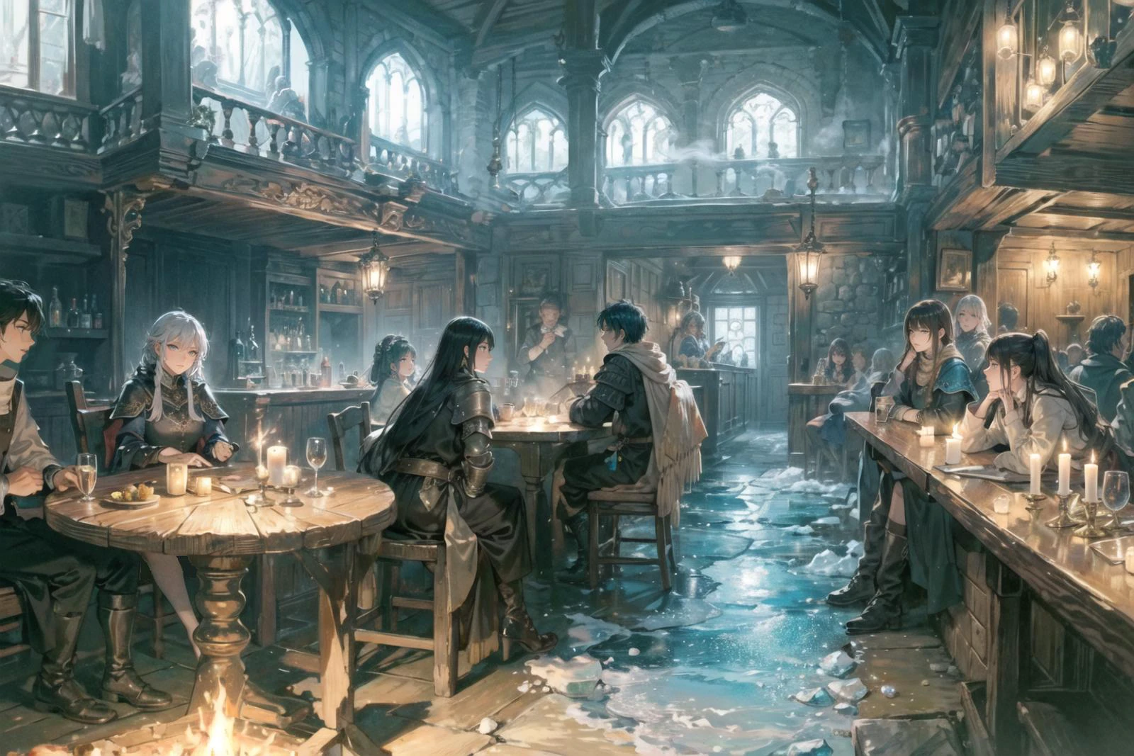 masterpiece,best quality,ultra-detailed,hallyu, in the dark,8k, (detailed and structured pattern),a group of adventurers sitting together at a long table in a medieval tavern, round tables, chairs, candles, a steadfast and audacious female warrior captivates with her luminous light blue glowing eyes. Draped in an intricately crafted armor adorned with opulent icy gem stones, smoke in the air, bar, fireplace, stairs leading up, shields on the wall, ((perfect hands)), perfect faces, FanTav, <lora:FantasyTavern:0.7>, epiCPhoto<lora:tareme_gen2:-0.7>, <lora:0a0a-gka26:-0.5>,(stink eye:0.5), <lora:AS_fantsyMIX73A:1>,