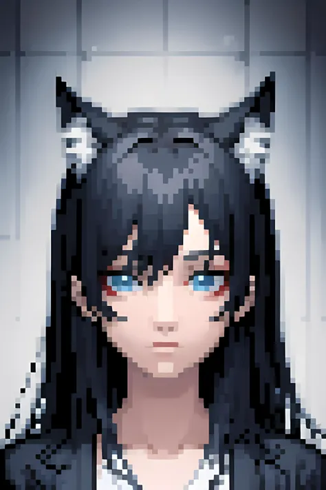 1girl, <lora:64x3:1> 64x3, pixelart, long hair, cat ears, glowing eyes, black hair, white hair, multi hair color, blue eye