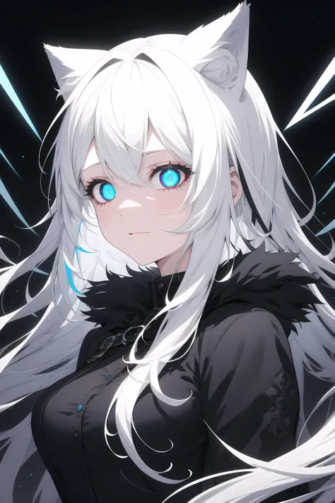 1girl, long hair, cat ears, glowing eyes, black hair, white hair, multi hair color, blue eye, <lora:crazy:1> lights, orbs, aura, lines