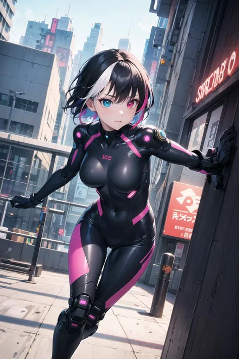 woman in combat clothes,kawaii face,black battle suit, sci-fi,cyberpunk,mechanical arms, short hair,  cowboy shot,heterochromia, multicolored hair, rooftop, running, dynamic angle,