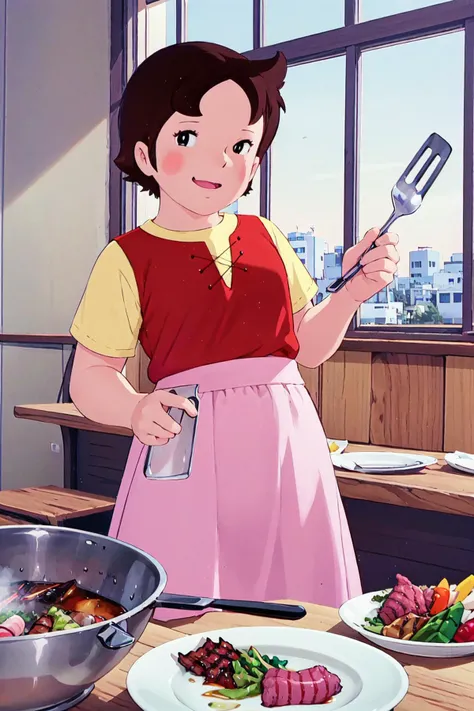<lora:0 ALPShaiji:1>,haiji,solo,1girl,long skirt,<lora:smokelessroaster_V21:0.5>,smokeless_roaster,grill,yakiniku,japan,looking at viewer,indoors,cup,window,holding,reflection,restaurant,food,table,tongs,holding tongs,