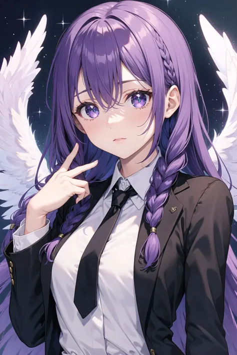 1girl in black suit and purple tie and purple hair,twin braids,angel wings,upper body,wilderness, crystal eye,sparkling eyes,v,hand up