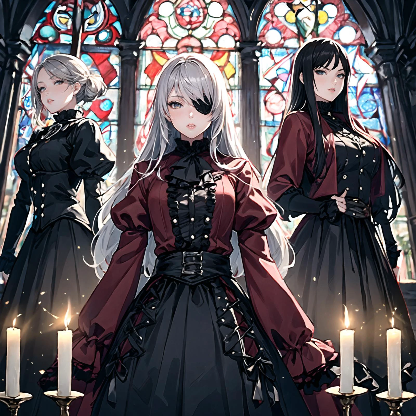 masterpiece, high resolution, detailed, masterpiece, (beautiful background, detailed background), top quality, 8k, (detailed and structured pattern), Korean wave, in the dark, in a compositing inspired style , raw, edgy, Fashionable, (3 girls, multiple girls, :1.5) <lora:AS_fantsyMIX73A:1>, (Skinny: 1.2), wearing an eyepatch,, Silver hair,wearing a red shirt with frills, long puffy sleeves, and a black skirt, gothout, Looking at camera, Detailed background, Detailed face, party,church, sunbeam,candle light, natural gradation,cathedral stained glass, backlit,gothic atmosphere
Contrast, mysterious atmosphere, (lips, realistic:1.1) ,<lora:tareme_gen2:-0.7>, (stinky eyes:0.5), <lora:eye_opening_v2.0:0.3>, fantasy, (full body,:0.7), <lora:Gothic_Outfit:0.6>