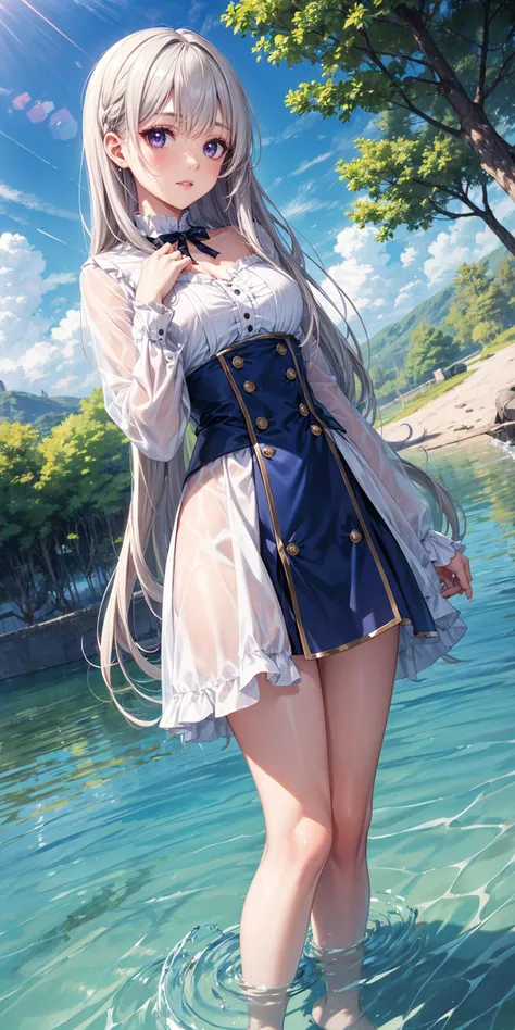1girl,beautifaul face,standing in the water,silver long hair,swept bangs,guillotine,(dutch angle:1.2),looking_away,landscape,depth of field,<lora:add_detail:0.6>,