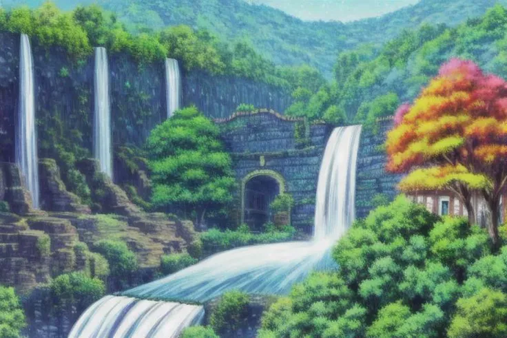 Beautiful bright stone town in the hills called Stellar falls, surrounded by pains and woodland, hills and a large waterfall similar to Niagara falls, connected to the world by monorail,
