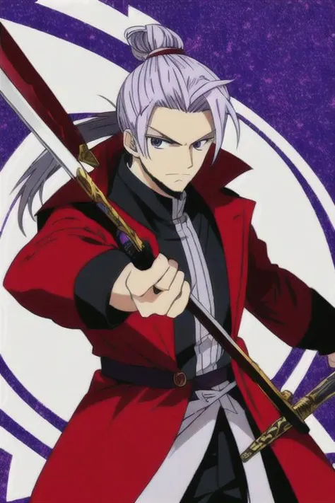 Red mage, 26y/o silver hair tied back into a top knot, light facial stubble, holding a stave and sword, violet eyes,