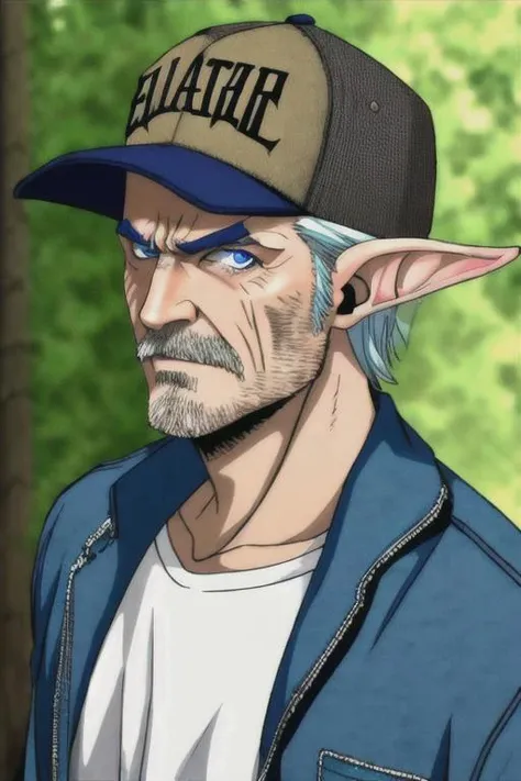 Elven middle aged male, wearing trailer trash clothing, detailed blue eyes, annoyed, trailer park background,
