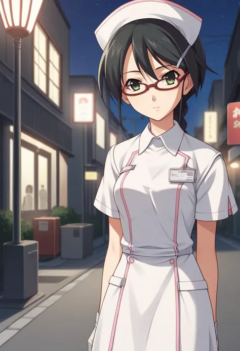 score_9, score_8_up, score_7_up, source_anime BREAK 1girl, solo, <lora:hazukishino-ch-richy-v1_pdxl:0.8> hazukishino, green eyes, black hair, hairclip braid, glasses, nurse, nurse cap, nametag, standing, outdoors, street, dark, darkness, night, night sky