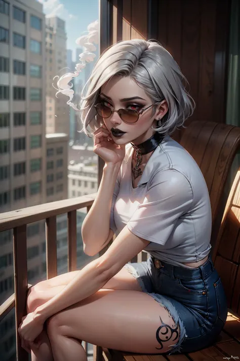 best quality, detailed, 1 girl, mature, brown skin, short silver hair, red eyes, sunglasses, (goth, gothic, emo, black lips, smokey eyes), smoke, loose white shirt, denim shorts, tattoos, sitting on balcony, side view, dynamic pose, realistic