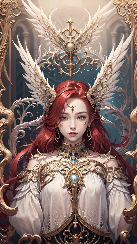 Red hair woman, art noveau, tarot card, 4ng3lt3ch, graphic design, magical, fantasy, white dress, colorful, concept art, intricate, detailed, masterpiece, official art, <lora:angeltechV2_lora_clip2:1>