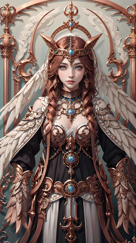 Copper hair woman, art noveau, tarot card, 4ng3lt3ch, graphic design, magical, fantasy, white dress, colorful, concept art, intricate, detailed, masterpiece, official art, <lora:angeltechV2_lora_clip2:1>