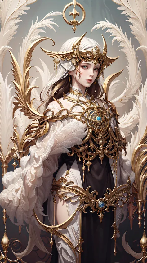 Gold hair woman, art noveau, tarot card, 4ng3lt3ch, graphic design, magical, fantasy, white dress, colorful, concept art, intricate, detailed, masterpiece, official art, <lora:angeltechV2_lora_clip2:1>