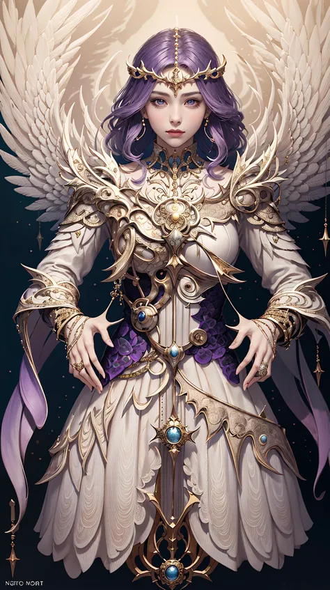 Purple hair woman, art noveau, tarot card, 4ng3lt3ch, graphic design, magical, fantasy, white dress, colorful, concept art, intricate, detailed, masterpiece, official art, <lora:angeltechV2_lora_clip2:1>