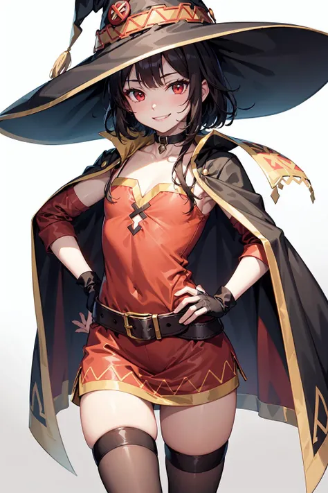 <lora:Megumin1Ve:0.8,1girl,red eyes,short hair,brown hair,choker,collarbone,eyepatch,short hair with long locks,sidelocks,good hand,small breasts,smile,smug,
witch hat,black cape,black thighhighs,bandages,red dress,black gloves,single thighhigh,belt,orange boots,asymmetrical legwear,bandaged leg,long sleeves,fingerless gloves,hands on hip,cowboy shot,low view,(masterpiece:1,2), best quality, masterpiece, highres, original, extremely detailed wallpaper, perfect lighting,(extremely detailed CG:1.2),
