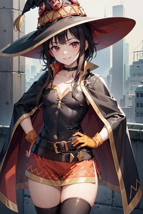 Megumin, Crazy Wizard, 1 Girl, Solo, Witch Hat, Brown Hair, Long Short Hair, Red Eyes, Blush, Evil Smile, Black Choker, Clavicle, Flat Chest, Off-Shoulder Dress, Red Dress, Brown Cloak, Long Sleeves, Black Gloves, Fingerless Gloves, Brown Belt, Gold Trim, (Asymmetrical legs: 1.4), unmatched legwear, (bandaged legs: 1.3), black thighs, (arms behind the back: 1.3), simple background, high quality, high resolution. ((outdoors)), presenting armpit, nipples