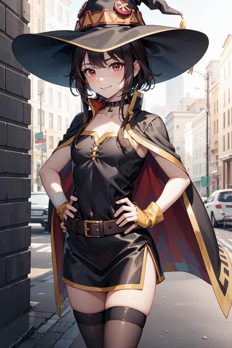 <lora:Megumin1Ve:0.8,1girl,red eyes,short hair,brown hair,choker,collarbone,eyepatch,short hair with long locks,sidelocks,good hand,small breasts,smile,smug,
witch hat,black cape,black thighhighs,bandages,red dress,black gloves,single thighhigh,belt,orange boots,asymmetrical legwear,bandaged leg,long sleeves,fingerless gloves,hands on hip,cowboy shot,low view,(masterpiece:1,2), best quality, masterpiece, highres, original, extremely detailed wallpaper, perfect lighting,(extremely detailed CG:1.2),