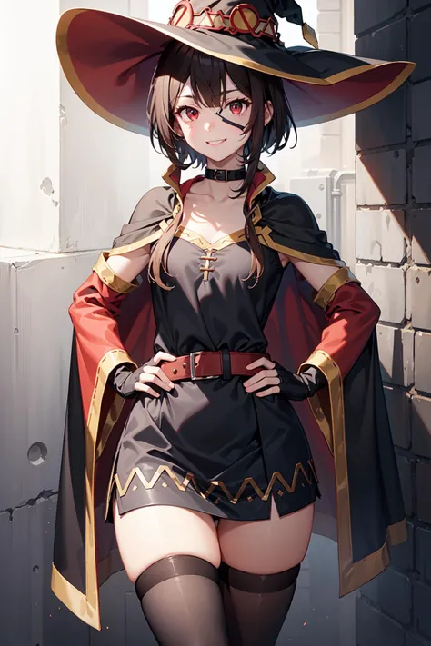 <lora:Megumin1Ve:0.8,1girl,red eyes,short hair,brown hair,choker,collarbone,eyepatch,short hair with long locks,sidelocks,good hand,small breasts,smile,smug,
witch hat,black cape,black thighhighs,bandages,red dress,black gloves,single thighhigh,belt,orange boots,asymmetrical legwear,bandaged leg,long sleeves,fingerless gloves,hands on hip,cowboy shot,low view,(masterpiece:1,2), best quality, masterpiece, highres, original, extremely detailed wallpaper, perfect lighting,(extremely detailed CG:1.2),