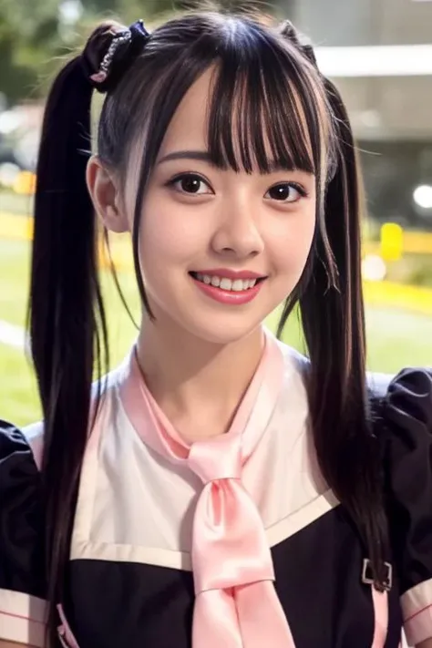 1girl,(wearing a black dress and pink tie),(RAW photo, best quality), (realistic, photo-realistic:1.4), masterpiece, an extremely delicate and beautiful, extremely detailed, 2k wallpaper, Amazing, finely detail, extremely detailed CG unity 8k wallpaper, ultra-detailed, highres, soft light, beautiful detailed girl, extremely detailed eyes and face, beautiful detailed nose, beautiful detailed eyes,cinematic lighting,city lights at night,perfect anatomy,smiling <lora:matsumotomomonaV2_lora:0.9>,twintail hairstyle,playful poses,(laughing)