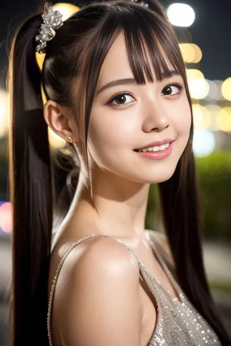1girl,(wearing a modest glittery sleeveless evening dress),(RAW photo, best quality), (realistic, photo-realistic:1.4), masterpiece, an extremely delicate and beautiful, extremely detailed, 2k wallpaper, Amazing, finely detail, extremely detailed CG unity 8k wallpaper, ultra-detailed, highres, soft light, beautiful detailed girl, extremely detailed eyes and face, beautiful detailed nose, beautiful detailed eyes,cinematic lighting,city lights at night,perfect anatomy,smiling <lora:matsumotomomonaV2_lora:0.756>,twintail hairstyle