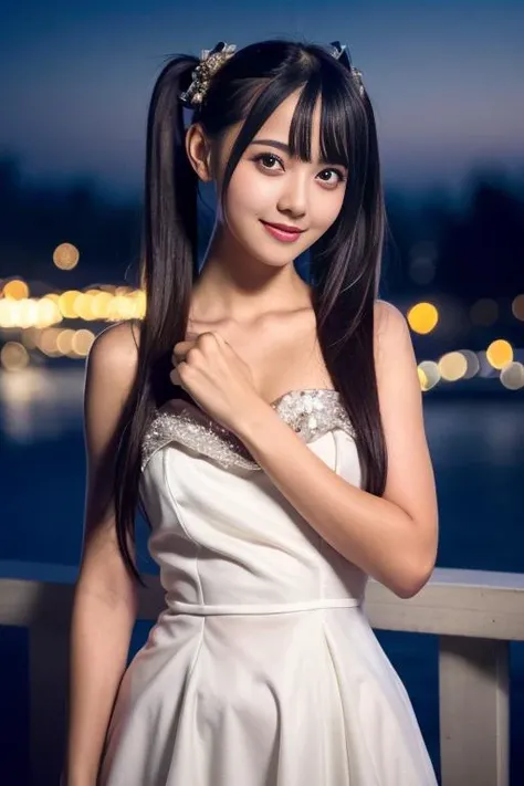 1girl,(wearing a frilly and glittery sleeveless evening dress),(RAW photo, best quality), (realistic, photo-realistic:1.4), masterpiece, an extremely delicate and beautiful, extremely detailed, 2k wallpaper, Amazing, finely detail, extremely detailed CG unity 8k wallpaper, ultra-detailed, highres, soft light, beautiful detailed girl, extremely detailed eyes and face, beautiful detailed nose, beautiful detailed eyes,cinematic lighting,city lights at night,perfect anatomy,smiling <lora:matsumotomomonaV2_lora:0.756>,twintail hairstyle