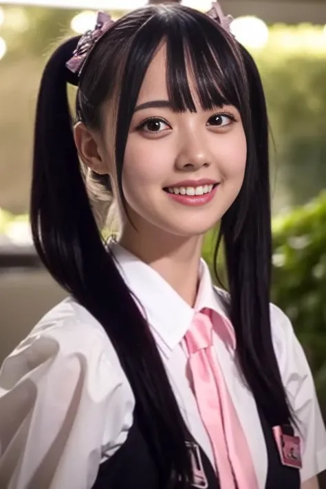 1girl,(wearing a black dress and pink tie),(RAW photo, best quality), (realistic, photo-realistic:1.4), masterpiece, an extremely delicate and beautiful, extremely detailed, 2k wallpaper, Amazing, finely detail, extremely detailed CG unity 8k wallpaper, ultra-detailed, highres, soft light, beautiful detailed girl, extremely detailed eyes and face, beautiful detailed nose, beautiful detailed eyes,cinematic lighting,city lights at night,perfect anatomy,smiling <lora:matsumotomomonaV2_lora:0.9>,twintail hairstyle,playful poses,(laughing)
