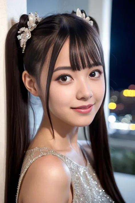 (Highest quality,masterpiece:1.3,Ultra-high resolution),(Very detailed、Caustics) (Realistic:1.4, RAW shooting、)Ultra-Realistic Capture、Very detailed、Natural skin texture、masterpiece、(Japanese girl in a sequined dress:1.3)、Adorable expression、Expressions of happiness、14 years old、height: 160cm、Young Face、Amazingly cute、Twin tail hairstyle、Straight hair、Scrunchie、Black Hair、light makeup、Her huge breasts look like they&#39;re about to burst、Bare arms、Shining thighs、Shining ass、Shooting in a neon city at night、smile、An inviting gaze、Anatomically correct、Cowboy Shot、Attention to detail、A pose that emphasizes the chest、