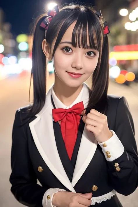 1girl,(wearing a black and white suit and red bowtie),(RAW photo, best quality), (realistic, photo-realistic:1.4), masterpiece, an extremely delicate and beautiful, extremely detailed, 2k wallpaper, Amazing, finely detail, extremely detailed CG unity 8k wallpaper, ultra-detailed, highres, soft light, beautiful detailed girl, extremely detailed eyes and face, beautiful detailed nose, beautiful detailed eyes,cinematic lighting,city lights at night,perfect anatomy,smiling <lora:matsumotomomonaV2_lora:0.75>,twintail hairstyle,playful poses,