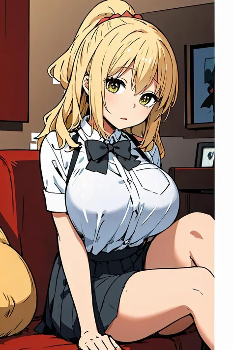 (masterpiece, best quality), 1girl,  <lora:yui:0.8> yui, yellow eyes, long hair, blonde hair, ponytail, large breasts