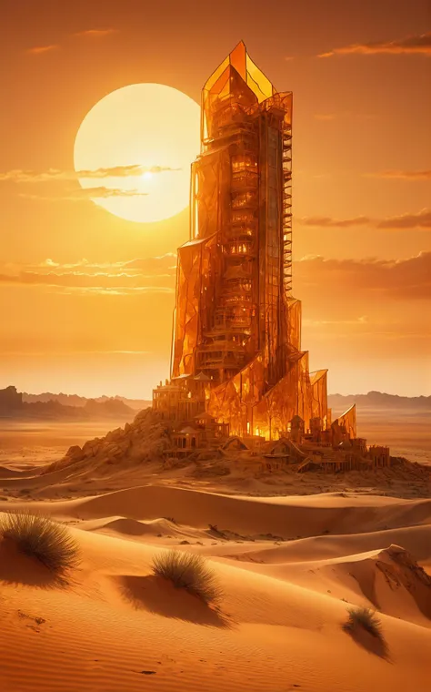 award winning still image from a fantasy movie directed by vincent van gogh, <lora:ambr1:1> ambr1 tower in the desert, sand dunes, sunset, warm dry colors, 8k resolution, imax, trending on art station