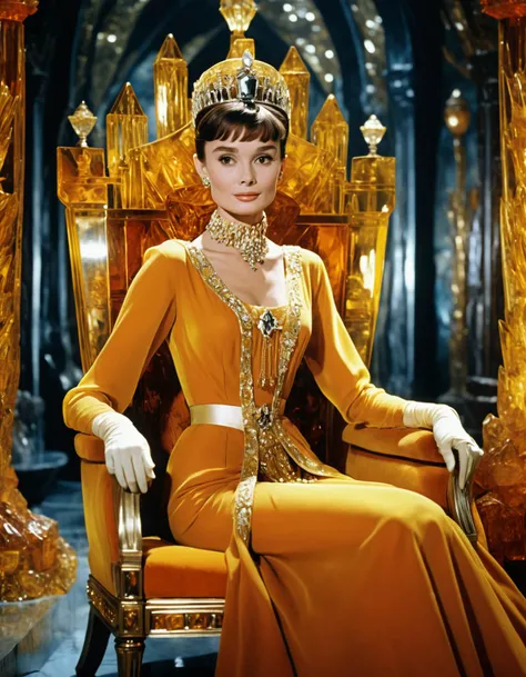 <lora:ambr1:1> ambr1 queen [audrey hepburn] in a luxurious throne room, still image from a 1970's fantasy movie directed by vincent van gogh