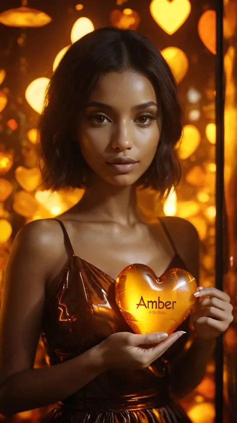 ambr1 woman in night club holding heart "amber" text, cinematic<lora:ambr1:1>