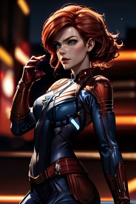 (masterpiece),
cptMarvel,
bodysuit, red gloves, belt,
redhead hair, floating hair,
looking at viewer,
sexy pose, flirtatious, proud mood,
highly detailed background of New York, 
((blue aura light))
HDR, realistic, intricate details,
blue energy effects,