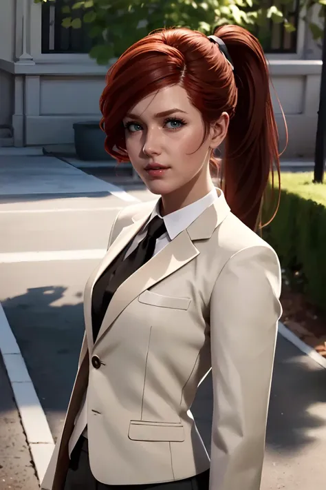 3d, CGI, Render, realistic, realism, photo-realistic, , (photorealistic:1.4), (perfect female figure), 8k high definition detailed realistic, (best quality, masterpiece:1.2),  physically-based rendering, best quality, highly detailed, 1girl,  , redhead hair, ponytail,  wearing formal clothes, suit,  looking at viewer, outdoors <lora:MaryJane1-000010:.7>