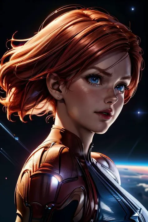 (masterpiece),
cptMarvel,
bodysuit, red gloves, belt,
redhead hair, floating hair,
looking at viewer,
sexy pose, flirtatious, proud mood,
highly detailed background of space, 
((blue aura light))
HDR, realistic, intricate details,
blue energy effects,