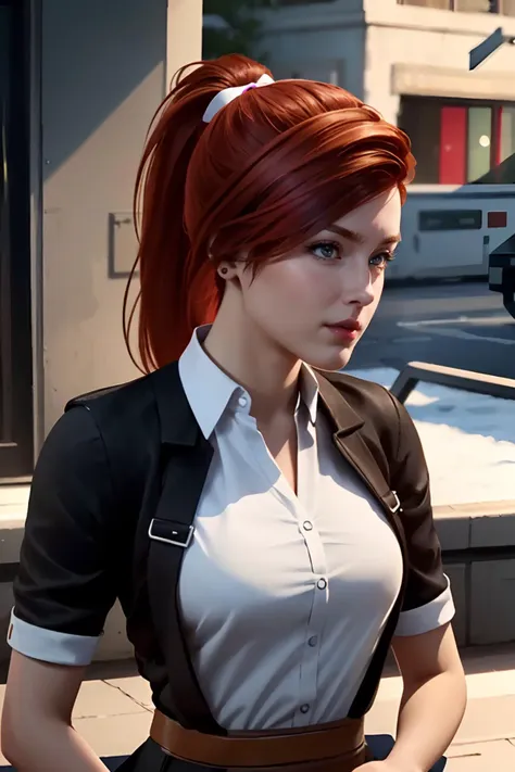 3d, CGI, Render, realistic, realism, photo-realistic, , (photorealistic:1.4), (perfect female figure), 8k high definition detailed realistic, (best quality, masterpiece:1.2),  physically-based rendering, best quality, highly detailed, 1girl,  , redhead hair, ponytail,  wearing a reporter uniform,  looking at viewer, at crowded city <lora:MaryJane1-000010:.7>