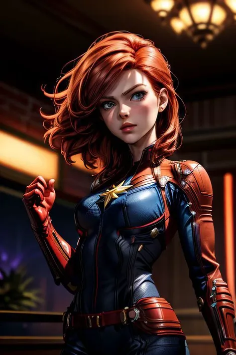 (masterpiece),
cptMarvel,
bodysuit, red gloves, belt,
redhead hair, floating hair,
looking at viewer,
sexy pose, flirtatious, proud mood,
highly detailed background of New York, 
HDR, realistic, intricate details,
blue energy effects,